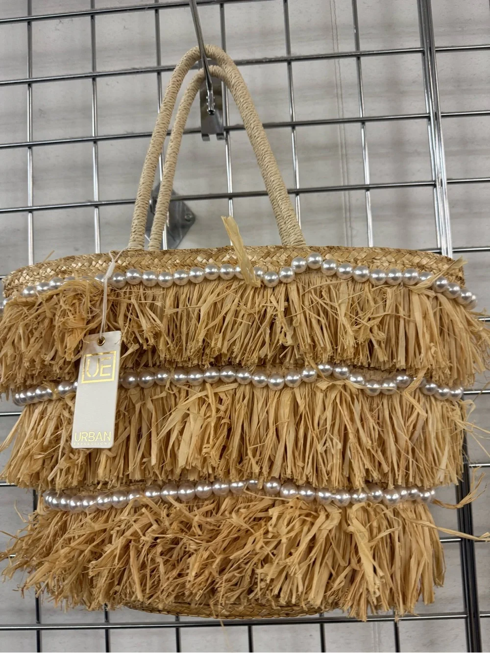 Urban Natural Straw Fringe Hobo with Pearl Strands - Picture 4 of 6